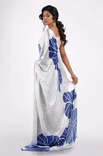 White printed satin saree with blouse piece