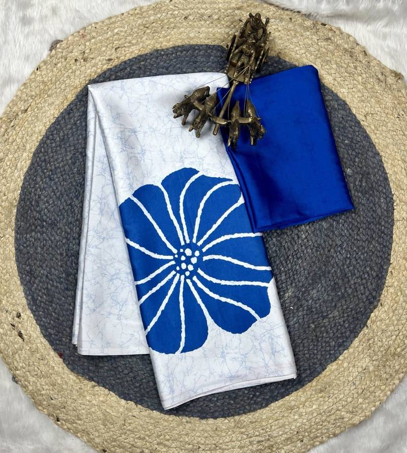 White printed satin saree with blouse piece