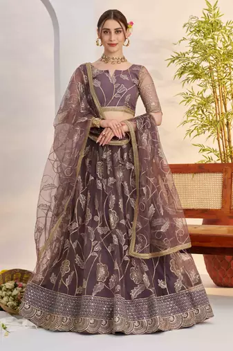 Dark Onion net fabric lehenga with sequin & thread work