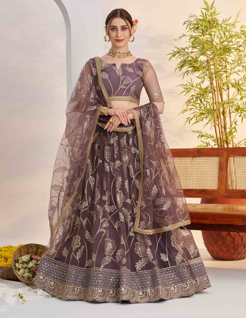 Dark Onion net fabric lehenga with sequin & thread work