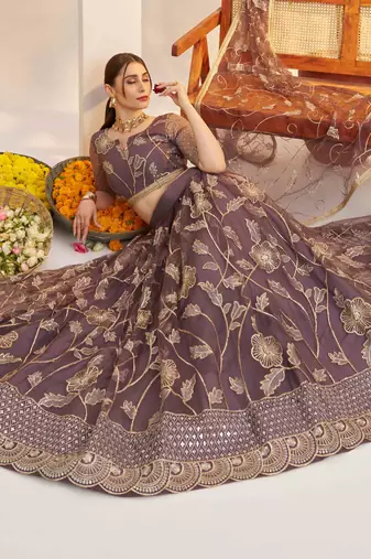 Dark Onion net fabric lehenga with sequin & thread work