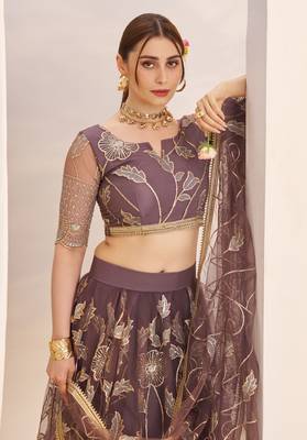 Dark Onion net fabric lehenga with sequin & thread work 6