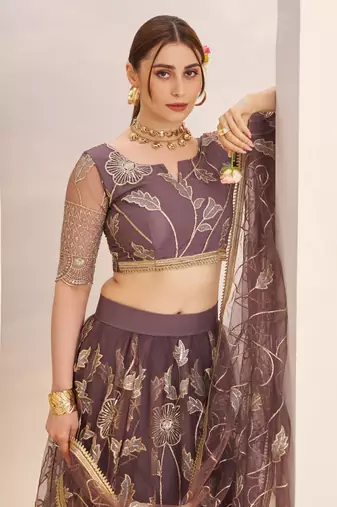 Dark Onion net fabric lehenga with sequin & thread work