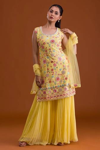 Yellow embroidered georgette semi-stitched palazzo style salwar suit