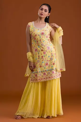 Yellow embroidered georgette semi-stitched palazzo style salwar suit