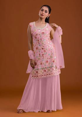 Pink embroidered georgette stitched palazzo style salwar suit 1