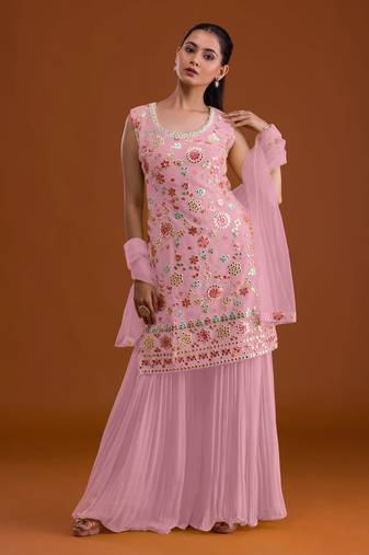 Pink embroidered georgette semi-stitched palazzo style salwar suit