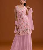 Pink embroidered georgette stitched palazzo style salwar suit