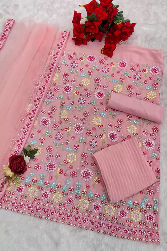 Pink embroidered georgette stitched palazzo style salwar suit