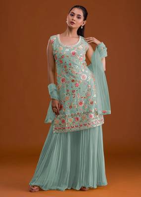 Sky embroidered georgette stitched palazzo style salwar suit 1