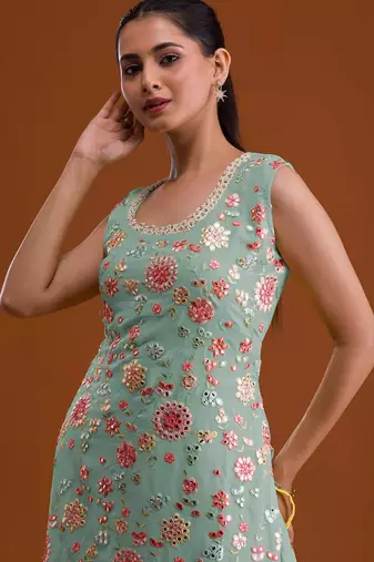 Sky embroidered georgette stitched palazzo style salwar suit