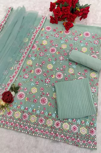 Sky embroidered georgette stitched palazzo style salwar suit