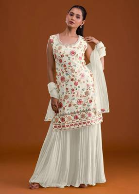 White embroidered georgette stitched palazzo style salwar suit 1