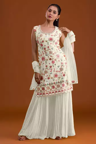 White embroidered georgette semi-stitched palazzo style salwar suit