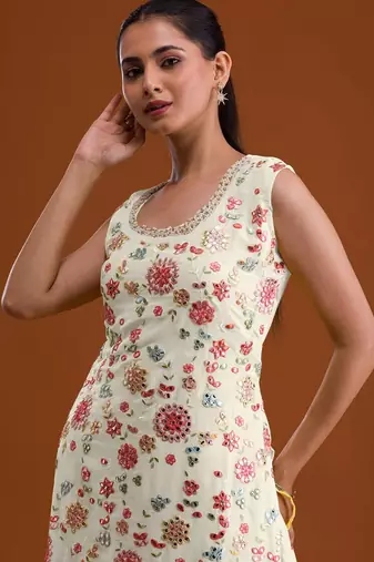 White embroidered georgette stitched palazzo style salwar suit