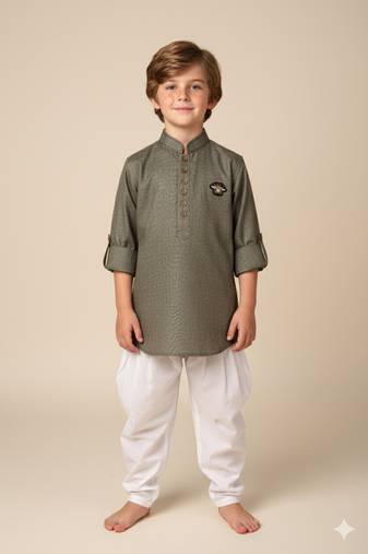 Green linen short kurta for boys