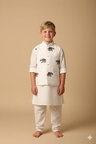 White embroidery on white modal kurta bandi set for boys