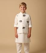 White embroidery on white modal kurta bandi set for boys