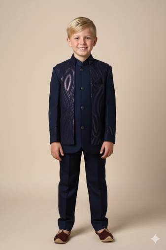 Blue embroidered open jacket indo western set for boys