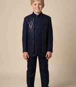 Blue embroidered open jacket indo western set for boys