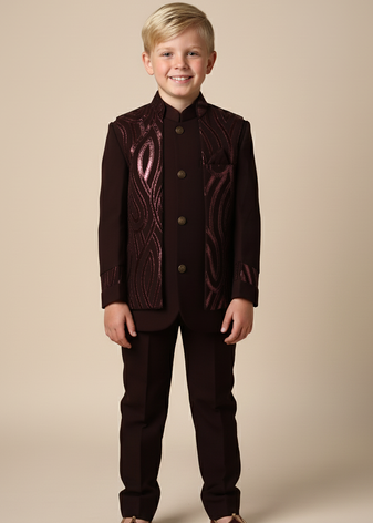 Maroon embroidered open jacket indo western set for boys