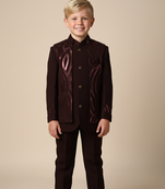 Maroon embroidered open jacket indo western set for boys