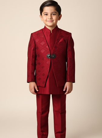 Red embroidered indo western set for boys