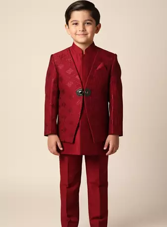 Red embroidered indo western set for boys