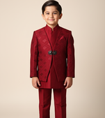 Red embroidered indo western set for boys