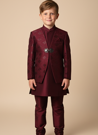 Maroon embroidered indo western set for boys