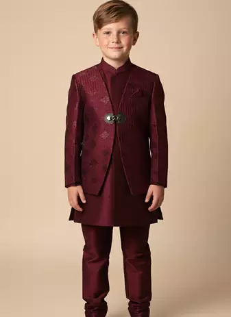 Maroon embroidered indo western set for boys