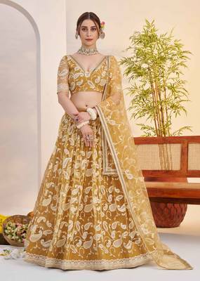 Light Golden net fabric lehenga with sequin & thread work 1