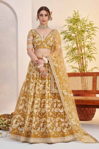 Light Golden net fabric lehenga with sequin & thread work
