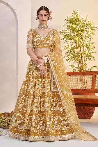 Light Golden net fabric lehenga with sequin & thread work