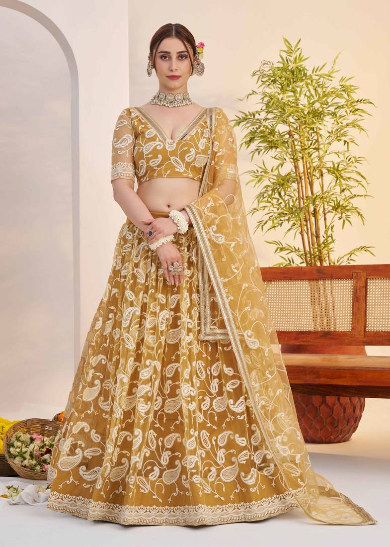 Light Golden net fabric lehenga with sequin & thread work