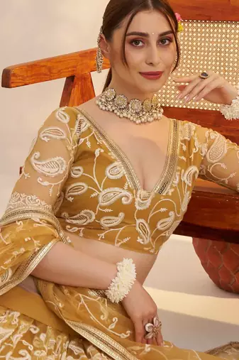 Light Golden net fabric lehenga with sequin & thread work