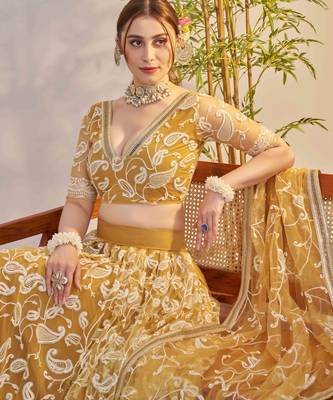 Light Golden net fabric lehenga with sequin & thread work 4