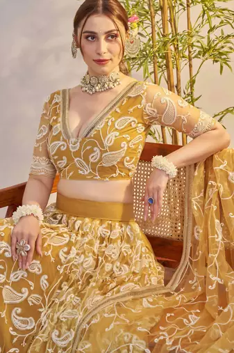 Light Golden net fabric lehenga with sequin & thread work