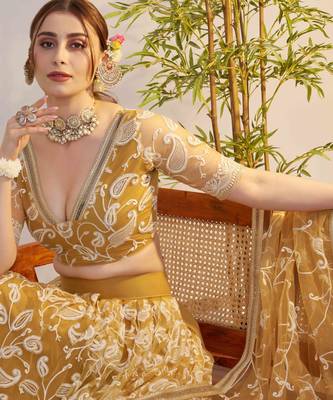 Light Golden net fabric lehenga with sequin & thread work 5