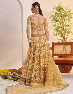 Light Golden net fabric lehenga with sequin & thread work 6