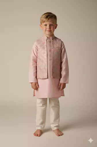 Pink embroidered open jacket indo western set for boys