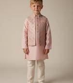 Pink embroidered open jacket indo western set for boys
