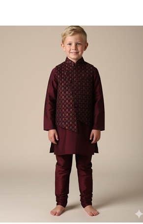 Maroon embroidered kurta bandi set for boys 1
