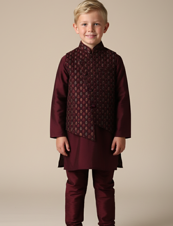 Maroon embroidered kurta bandi set for boys