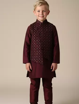 Maroon embroidered kurta bandi set for boys
