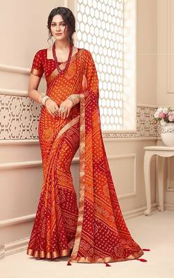 Red Chiffon Bandhej Printed Sari,Saree With Unstitched Blouse Piece 1