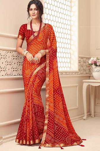 Red Chiffon Bandhej Printed Sari,Saree With Unstitched Blouse Piece