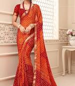 Red Chiffon Bandhej Printed Sari,Saree With Unstitched Blouse Piece