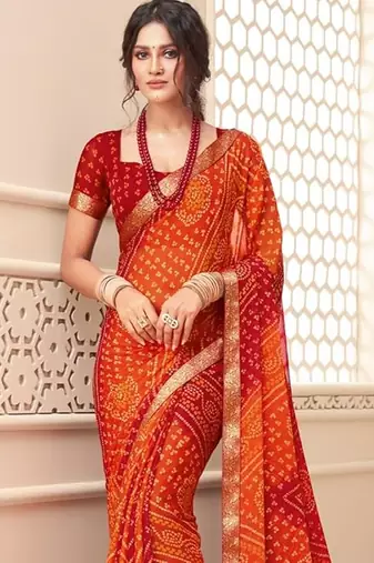 Red Chiffon Bandhej Printed Sari,Saree With Unstitched Blouse Piece
