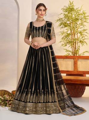 Black net fabric lehenga with sequin & thread work 1